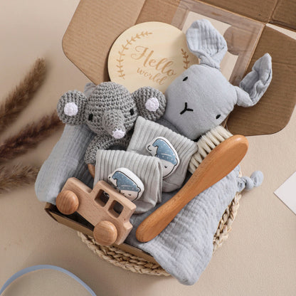 Animal New Born Baby Gift Set (0–6mths) in Grey Bunny & Elephant - 7 Piece Set Lilly & Lula