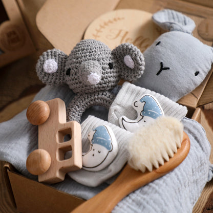 Animal New Born Baby Gift Set (0–6mths) in Grey Bunny & Elephant - 7 Piece Set Lilly & Lula