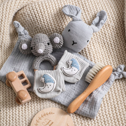 Animal New Born Baby Gift Set (0–6mths) in Grey Bunny & Elephant - 7 Piece Set Lilly & Lula