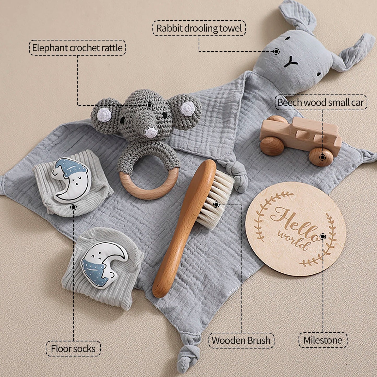 Animal New Born Baby Gift Set (0–6mths) in Grey Bunny & Elephant - 7 Piece Set Lilly & Lula