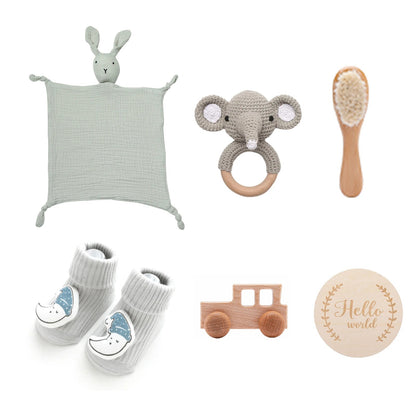 Animal New Born Baby Gift Set (0–6mths) in Grey Bunny & Elephant - 7 Piece Set Lilly & Lula