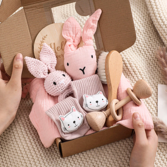 Animal New Born Baby Gift Set (0–6mths) in Pink Bunny & Cat - 7 Piece Set Lilly & Lula