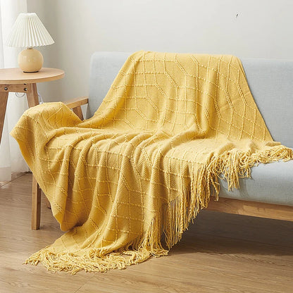 Nordic Knitted Crocheted Diamond Jacquard Throw Blanket with Tassels - 9 Colours