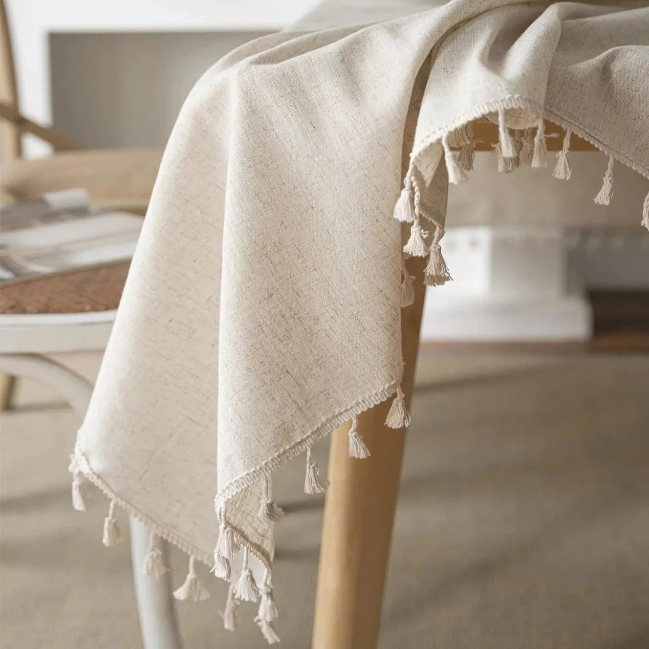 Beige Linen Farmhouse Tassel Tablecloth - 8 Sizes Lilly & Lula