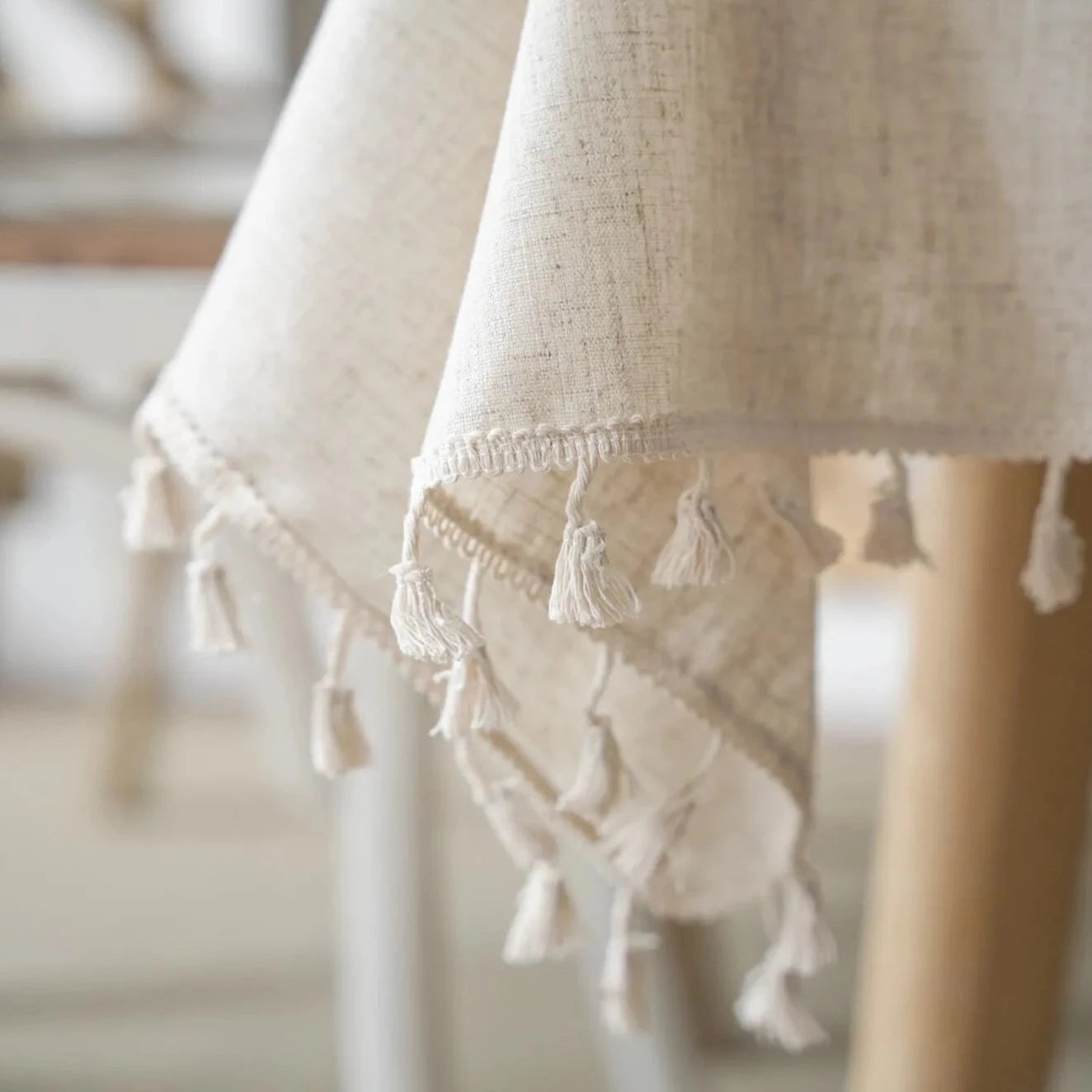 Beige Linen Farmhouse Tassel Tablecloth - 8 Sizes Lilly & Lula