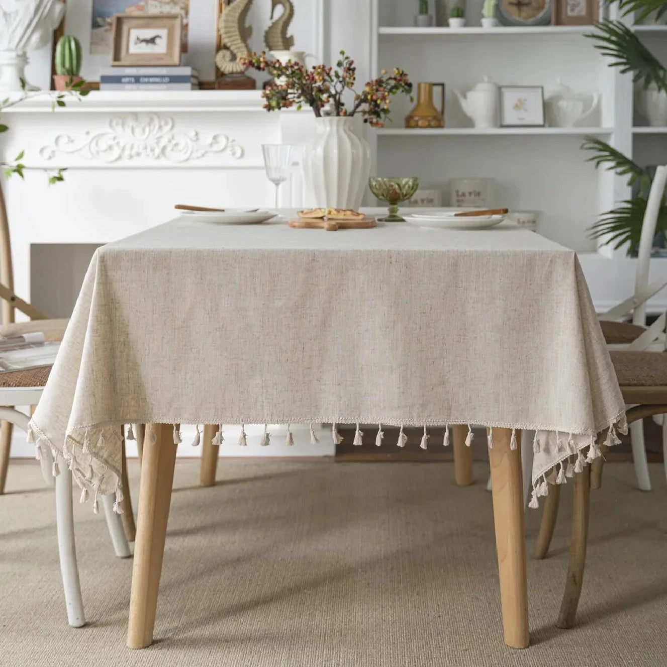 Beige Linen Farmhouse Tassel Tablecloth - 8 Sizes Lilly & Lula