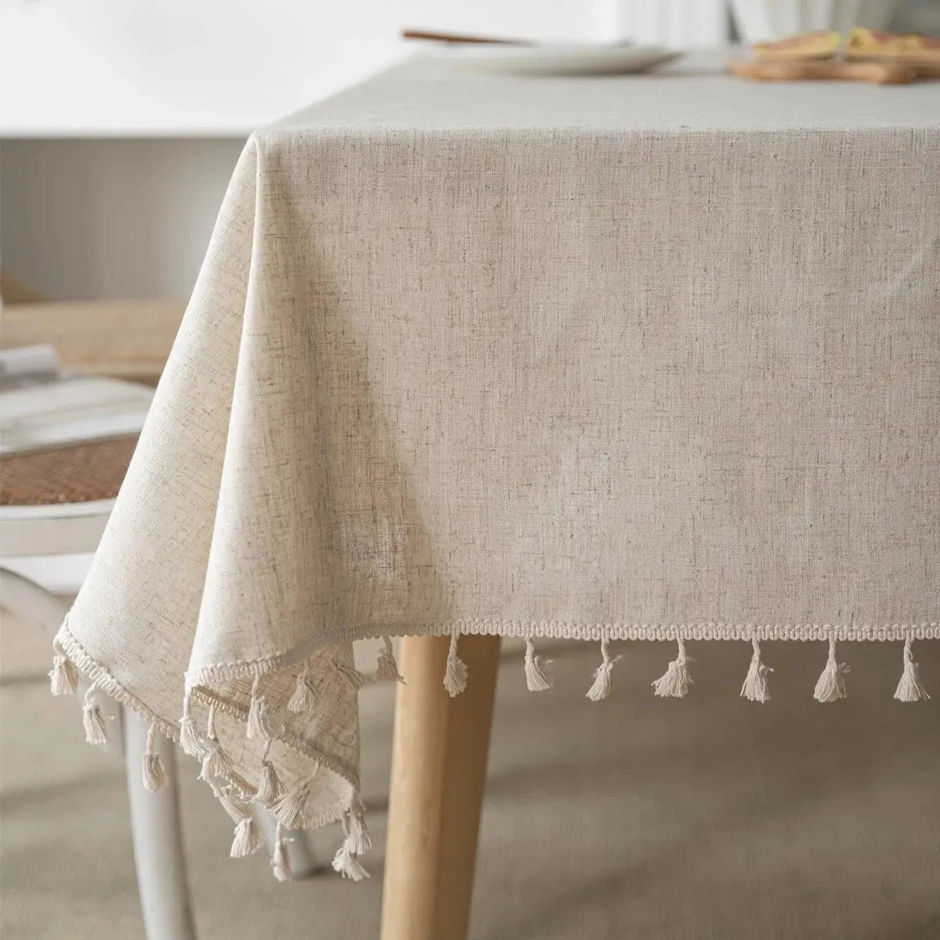 Beige Linen Farmhouse Tassel Tablecloth - 8 Sizes Lilly & Lula