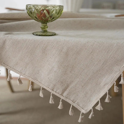 Beige Linen Farmhouse Tassel Tablecloth - 8 Sizes Lilly & Lula