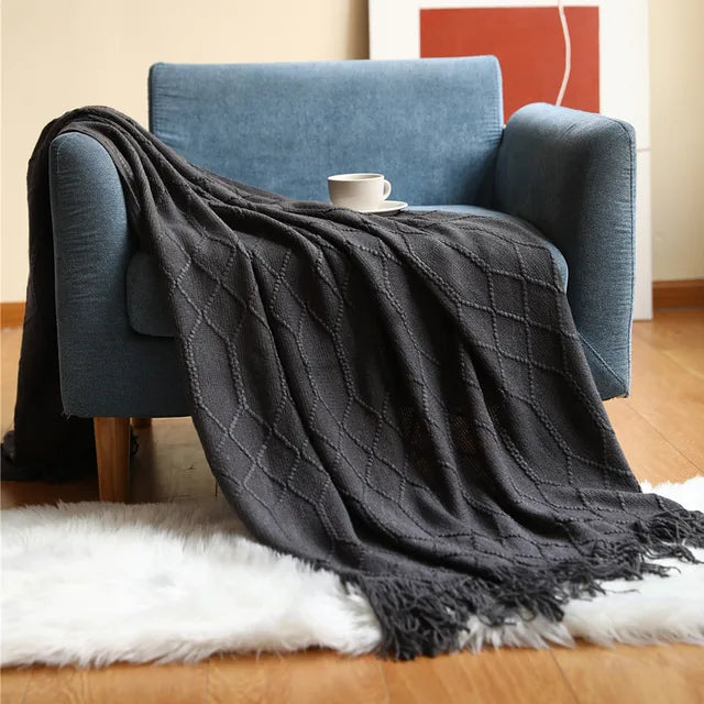 Nordic Knitted Crocheted Jacquard Throw Blanket with Tassels - 5 Colours