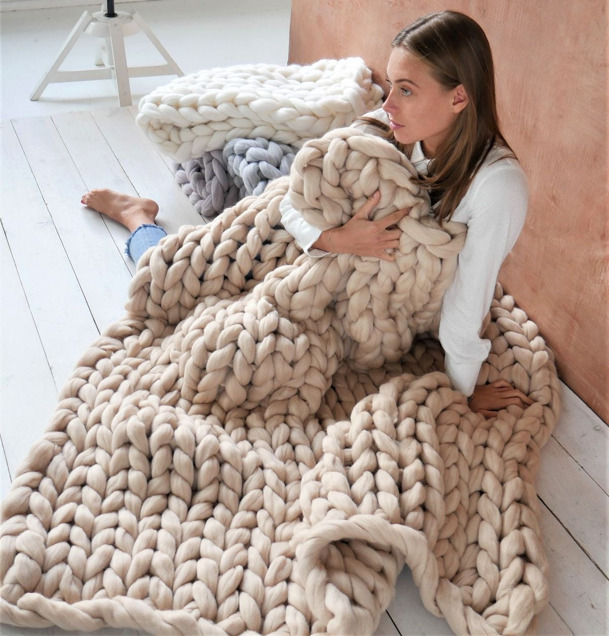 Large wool knit blanket sale