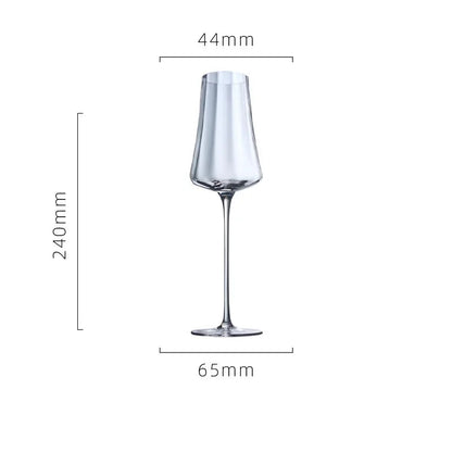 Clear glass flute with dimensions on a white background