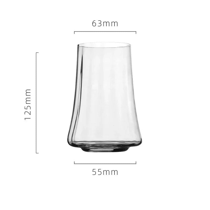 Clear glass tumbler with dimensions and weight capacity on a white background