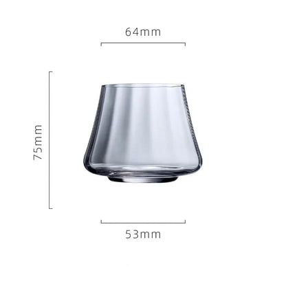 Clear glass tumbler with dimensions and weight on a white background