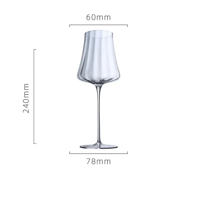 Clear wine glass with dimensions on a white background