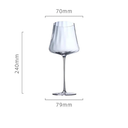Clear wine glass with dimensions on a white background