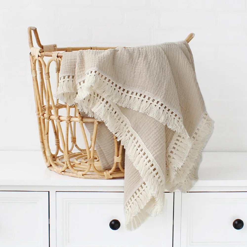 Cotton Muslin Swaddle Blanket for Baby with Tassel Detail - 3 Colours Lilly & Lula