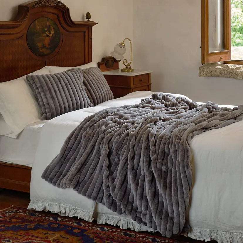 Double Layer Luxury Warm Faux Fur Throw Bedspread - Ivory, Grey & Latte Lilly & Lula