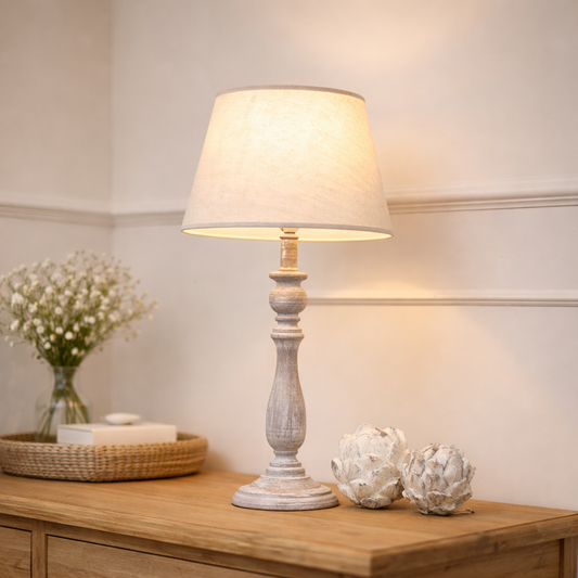 Dunum Carved Column Table Lamp with Linen Shade