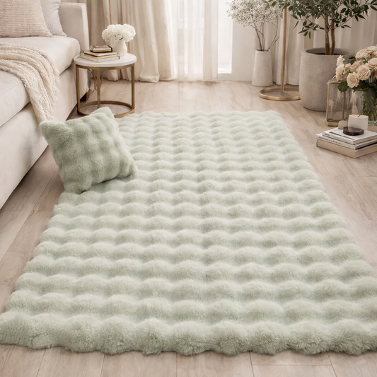 Fluffy & Supersoft Plush Bubble Nordic Rectangle Shaggy Rug - White, Beige, Grey, Ivory & Sage Green