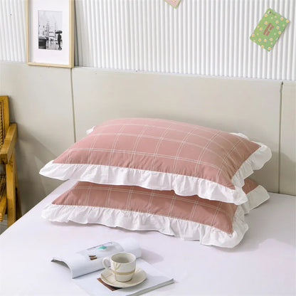 Frilled Farmhouse Style Washed Cotton Pillowcase (Pattern) Set of 2 - Plaid & Stripe Patterns Lilly & Lula