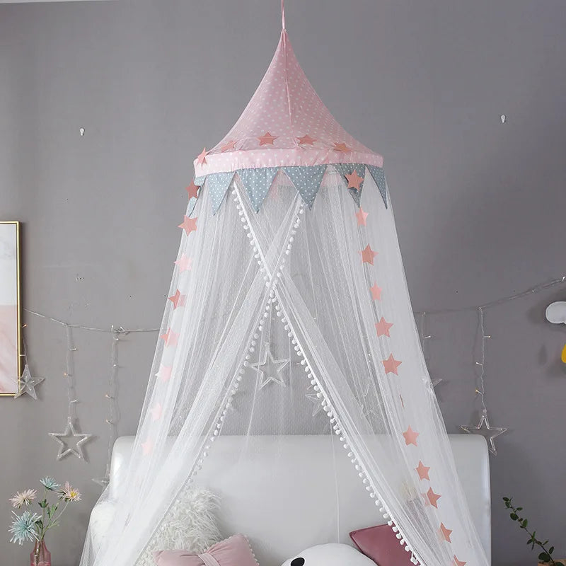 Kids Bed Canopy With Pom Pom Detail - Pink & Blue