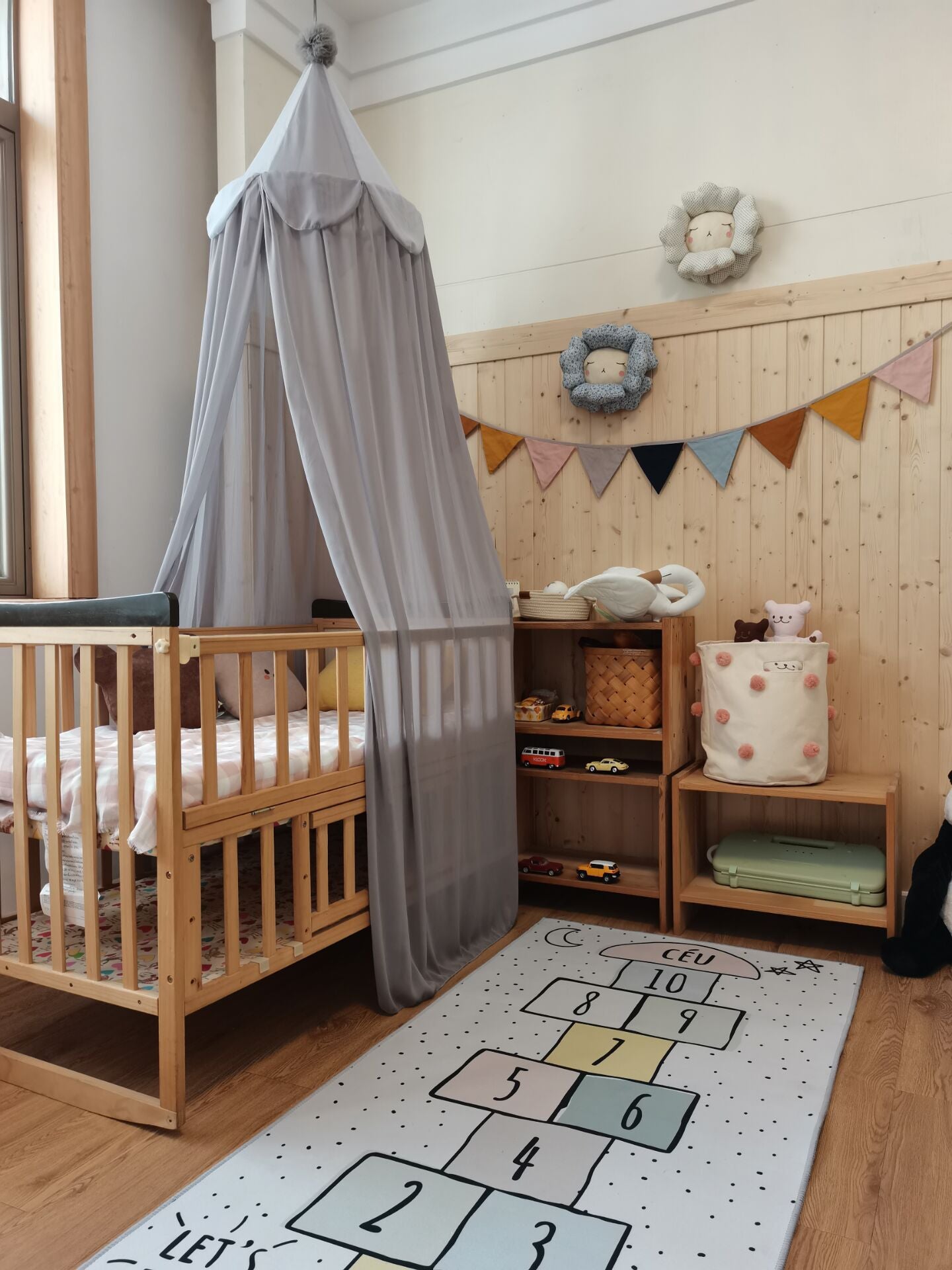 Kids Bed Canopy With Pom Pom Detail - Pink, Grey & Brown