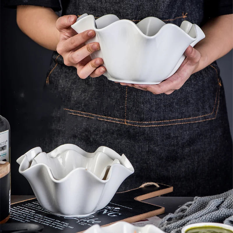 White Decorative Ceramic Crimped Edge Bowl - 3 Sizes