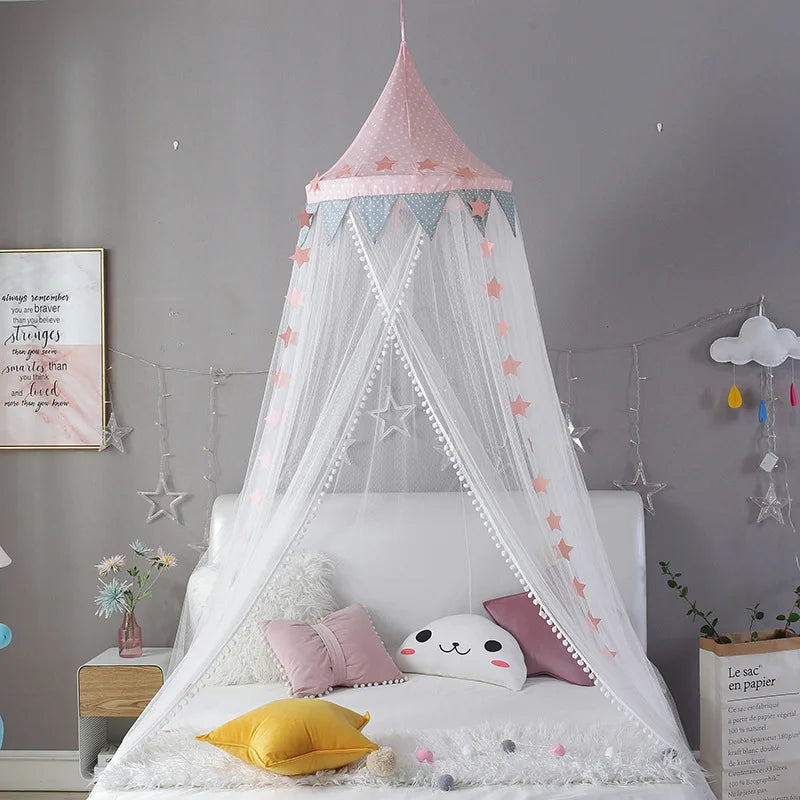 Kids Bed Canopy With Pom Pom Detail - Pink & Blue