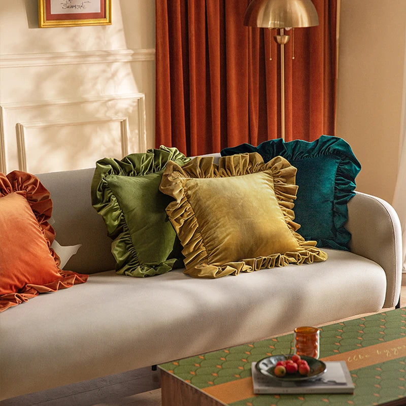 Luxurious Velvet Cushion Covers with Large Ruffle - 5 Colours