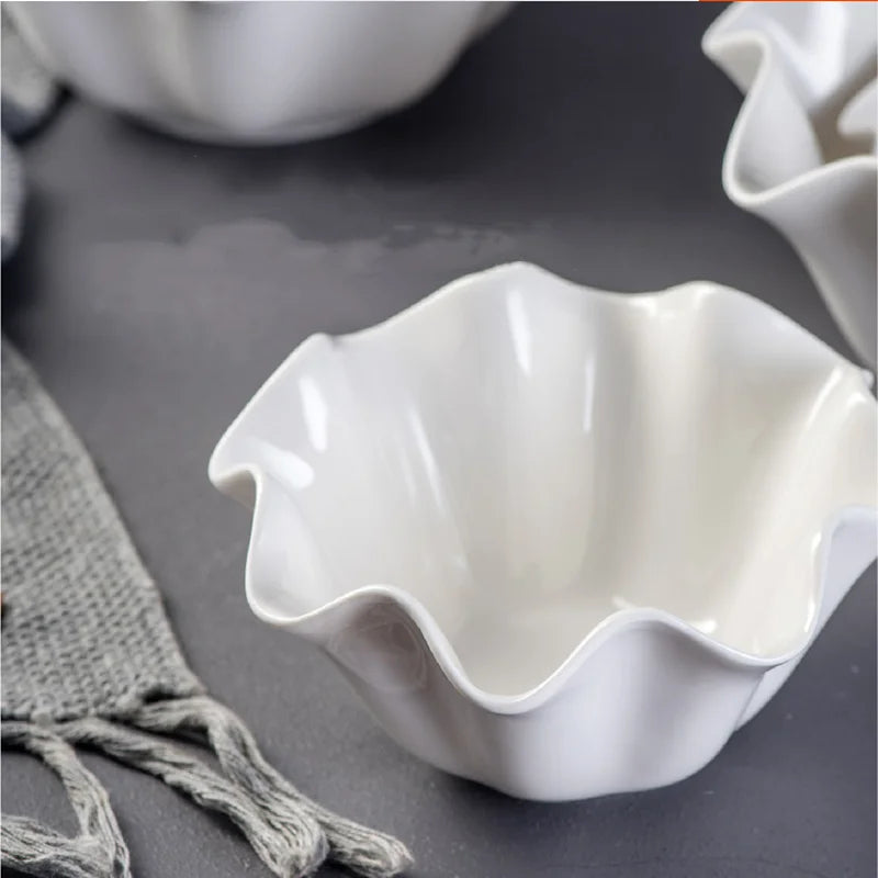 White Decorative Ceramic Crimped Edge Bowl - 3 Sizes