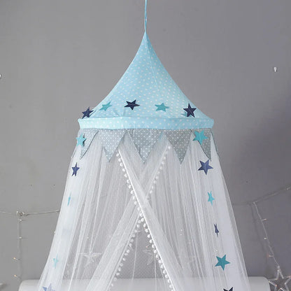 Kids Bed Canopy With Pom Pom Detail - Pink & Blue