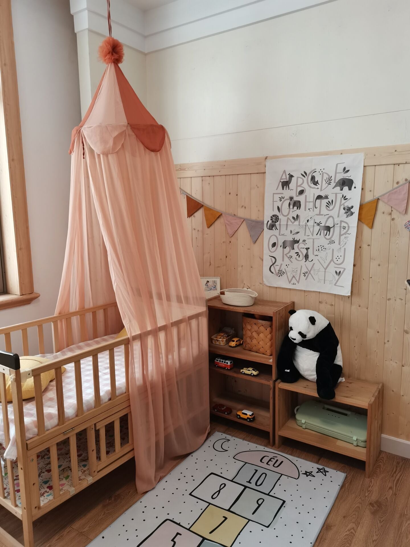 Kids Bed Canopy With Pom Pom Detail - Pink, Grey & Brown