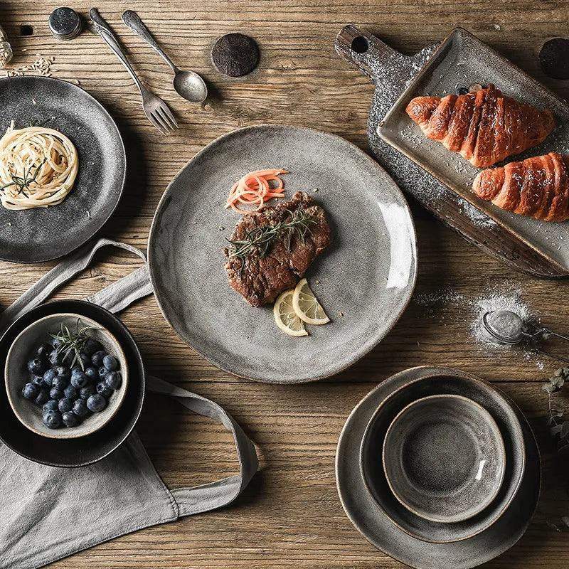 Grey Rustic Ceramic Nordic Tableware Plates & Bowls - Various Sizes