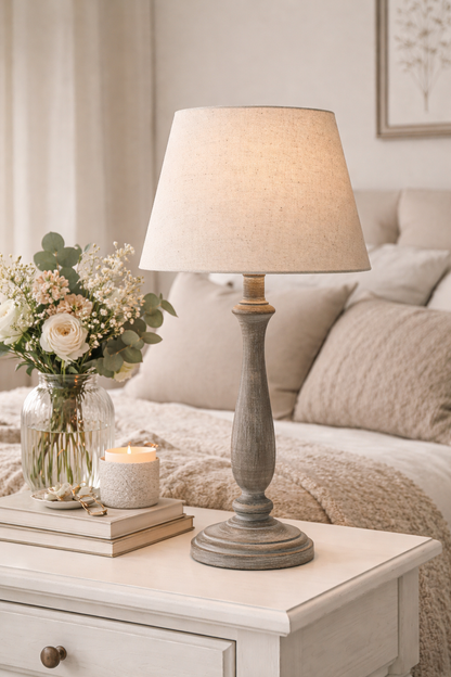 Handcrafted Rustic Teos Table Lamp with Linen Shade