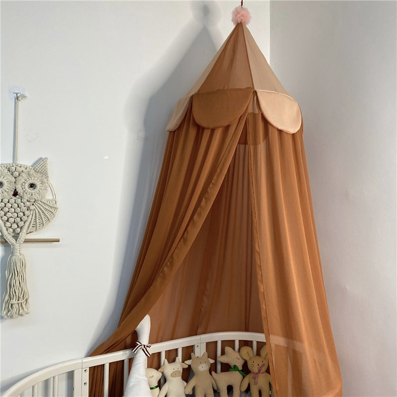 Kids Bed Canopy With Pom Pom Detail - Pink, Grey & Brown