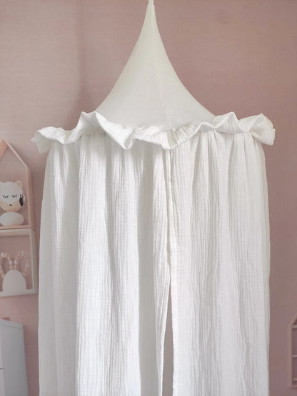 Kids Premium Muslin Bed Canopy With Frill Detail - 7 Colours