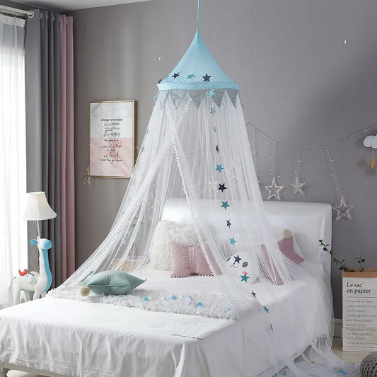 Kids Bed Canopy With Pom Pom Detail - Pink & Blue