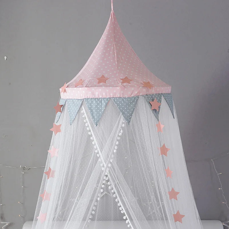 Kids Bed Canopy With Pom Pom Detail - Pink & Blue