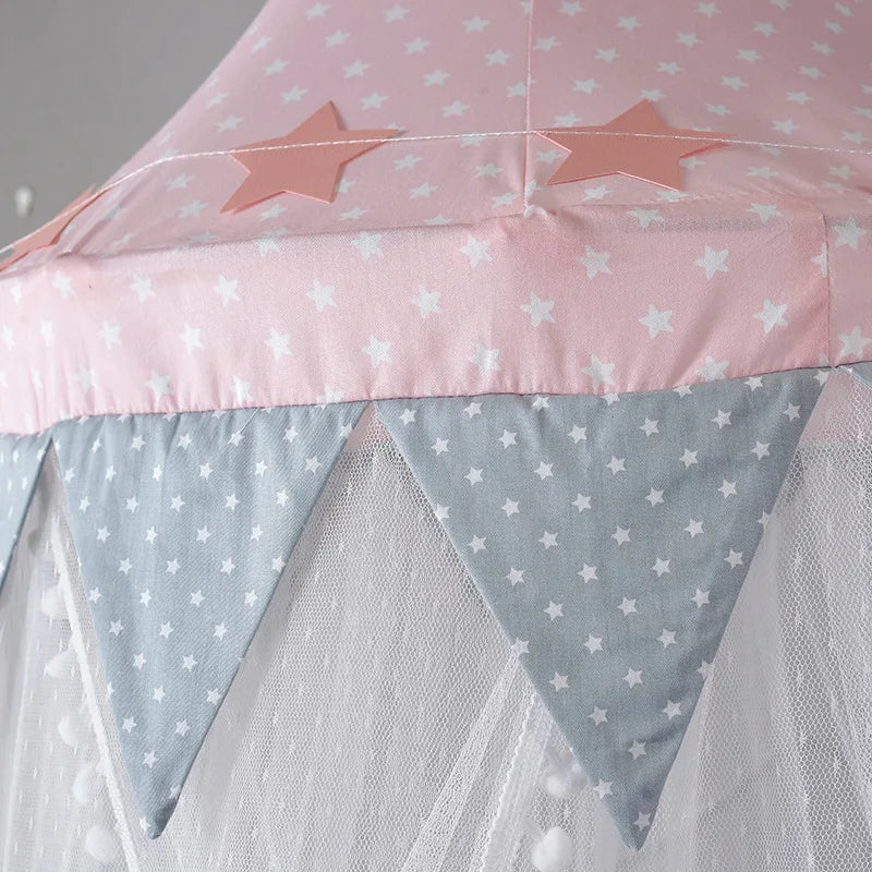 Kids Bed Canopy With Pom Pom Detail - Pink & Blue