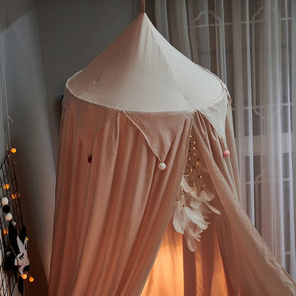 Kids Bed Canopy With Tassel & Frill Detail - White, Pink & Grey