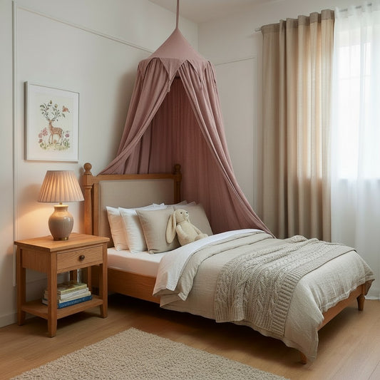 A styled children's bedroom featuring a wooden bed with a dusty pink fabric canopy, beige bedding, a wooden nightstand with a lit lamp, and a window with sheer curtains.