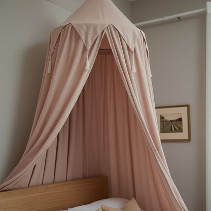 Kids Bed Canopy With Tassel & Frill Detail - White, Pink & Grey