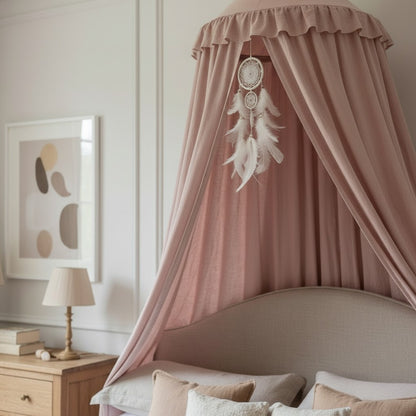 Kids Bed Canopy With Tassel & Frill Detail - White, Pink & Grey