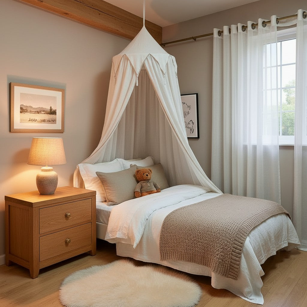 A white fabric canopy bed with a teddy bear pillow in a cozy, sunlit bedroom featuring a wooden nightstand, lit table lamp, and sheer white curtains.