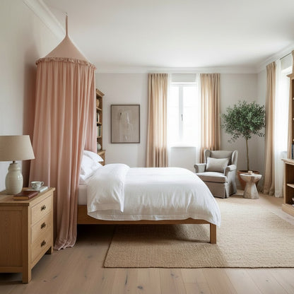 A beautifully styled bedroom featuring a light wood bed with white bedding and a matching pink canopy curtain. The room is decorated with beige curtains, a wooden nightstand with a white lamp, a gray armchair, and a potted tree on a woven rug.
