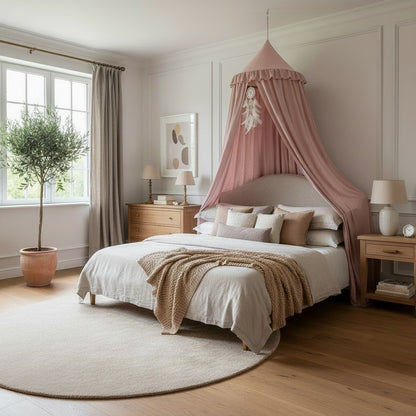 Kids Bed Canopy With Tassel & Frill Detail - White, Pink & Grey