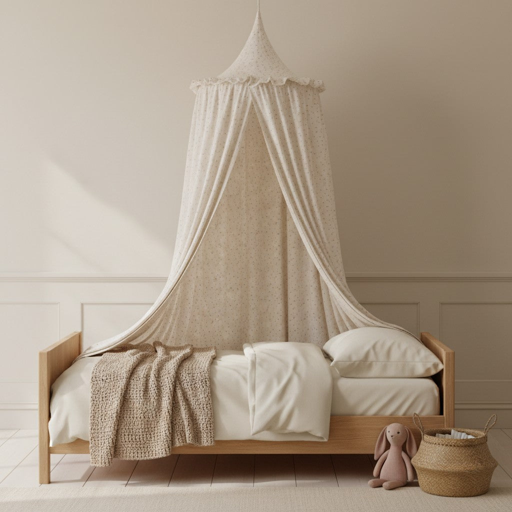 A light beige cotton canopy with a pointed top draped over a wooden toddler bed with white bedding, set in a softly lit child's bedroom with a bunny toy and woven basket on the floor.
