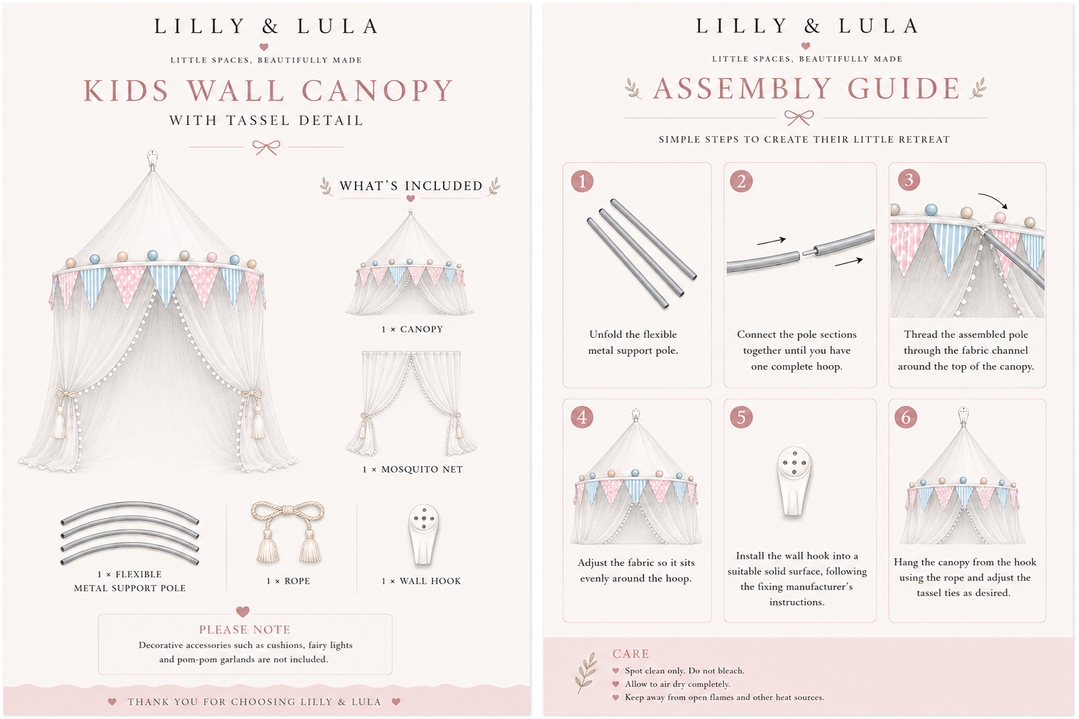 Lilly & Lula kids wall canopy with assembly guide on a white background