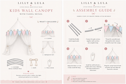 Lilly & Lula kids wall canopy with assembly guide on a white background