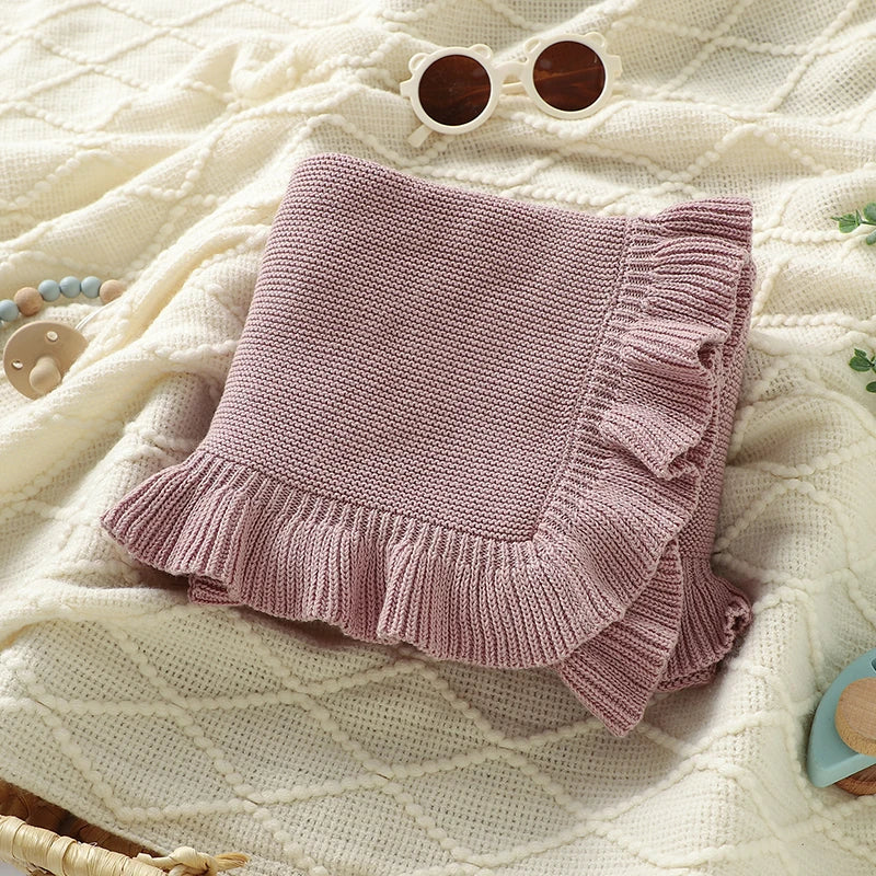 Knitted Cotton Muslin Swaddle Blanket for Baby with Ruffle Trim - Ivory, Grey, Beige, Pink & Sage Green Lilly & Lula